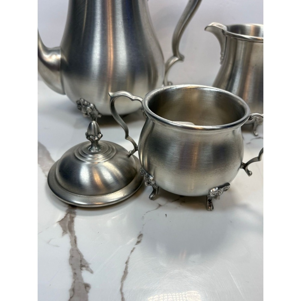 Boardman Pewter Tea Coffee Set‎ 3pc Rams Head Feet Teapot Sugar Creamer - Picture 6 of 12
